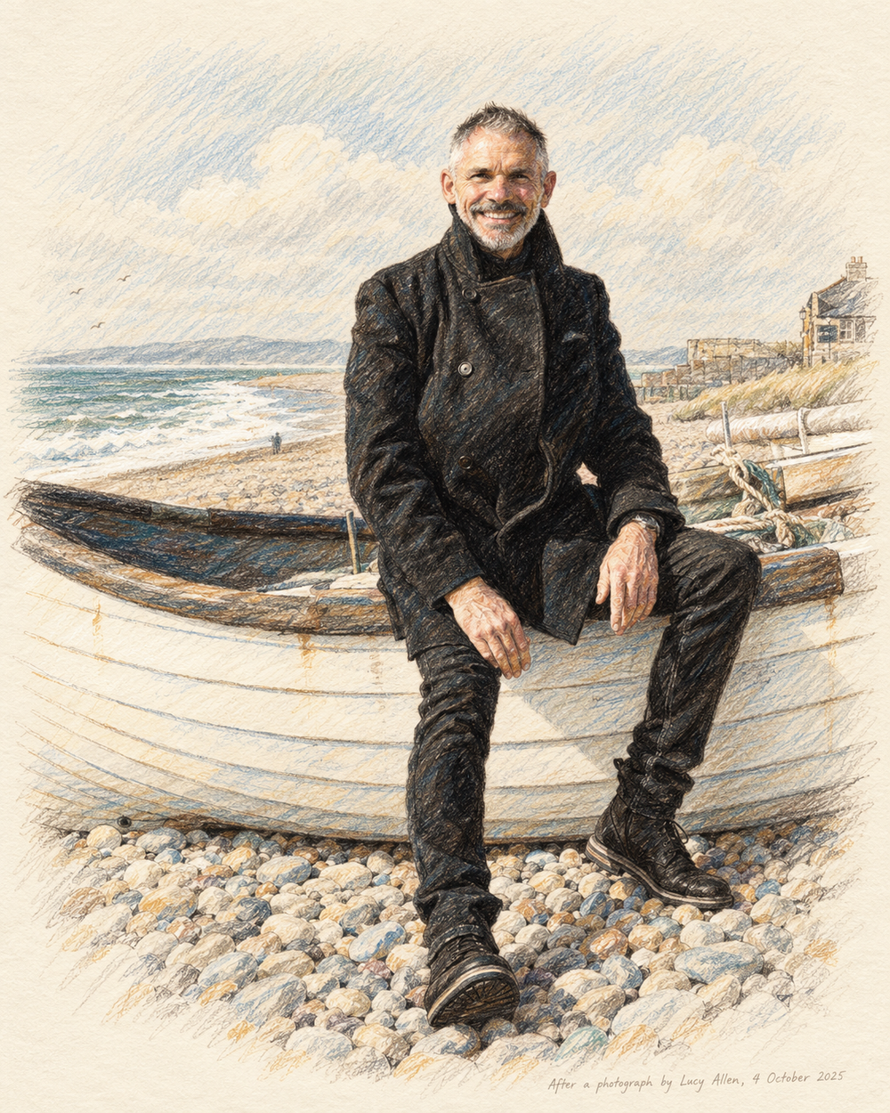 Coloured-pencil sketch of William Adams seated on a boat